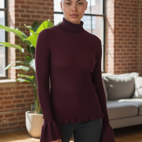 Cinq à Sept Burgundy Ribbed Zabrina Flared Cuff Top Size Large
